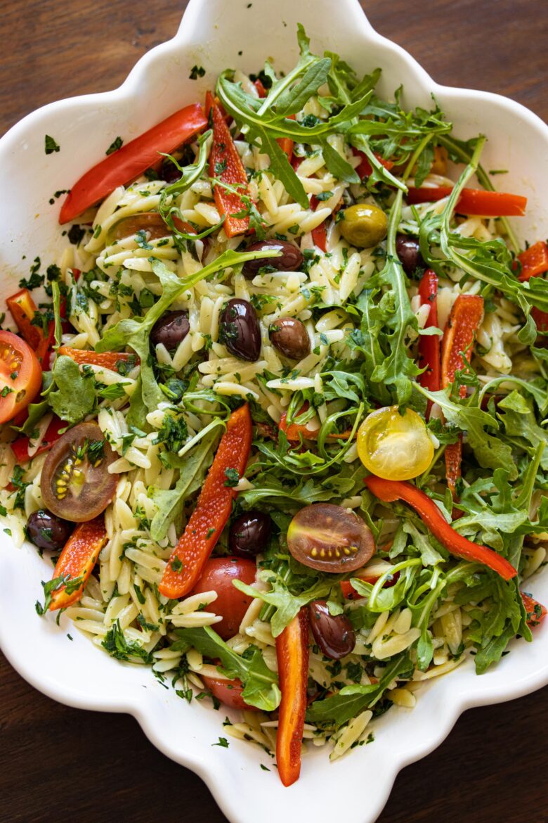 Orzo Pasta Salad With Basil Butter, Peppers, Tomatoes Orzo pasta salad with basil butter, peppers, tomatoes