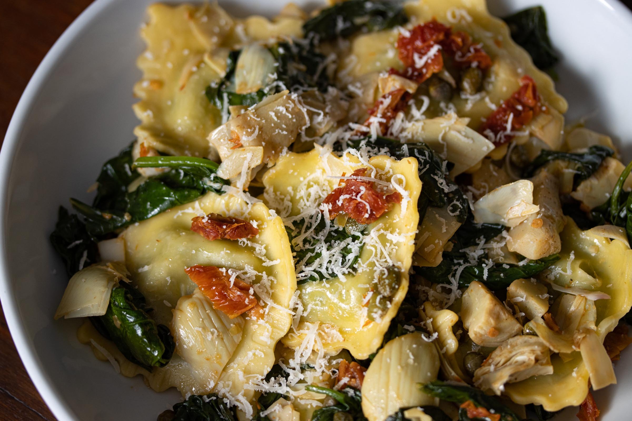 Ravioli with Artichokes Hearts, Capers, Sun-Dried Tomatoes, Spinach